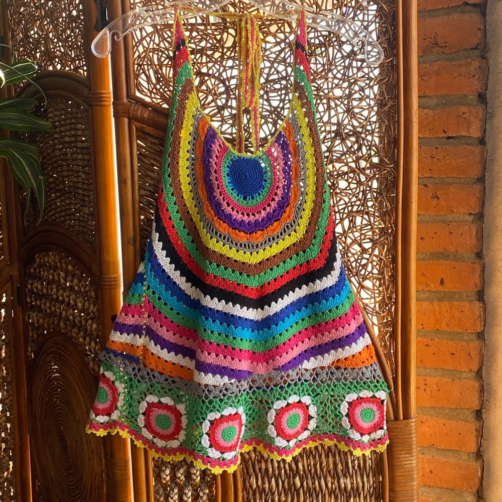Forever 21 Multicolor Crochet Halter Tank with Floral Hem
